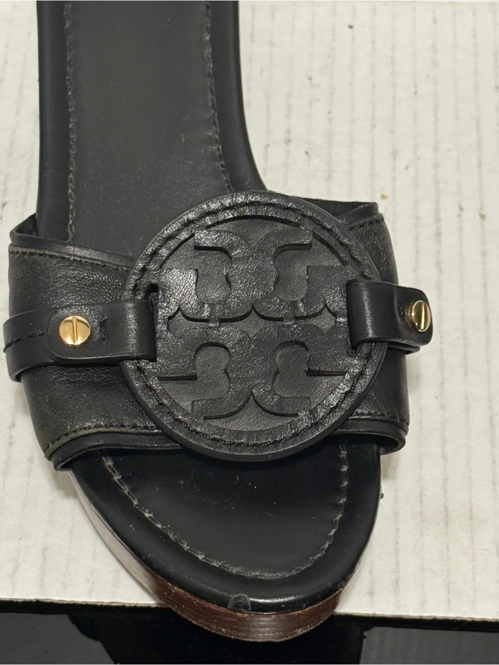 Tory Burch Madalena Black Leather Wedge Slide Sandals Double T Logo Platform 8 - Picture 9 of 11